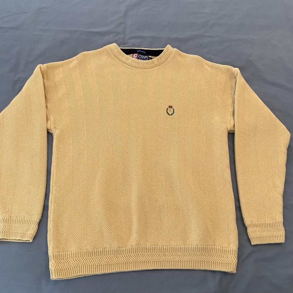 Vintage Chaps Ralph Lauren Sweater Mens XL Beige Herringbone Knit Crewneck Crest